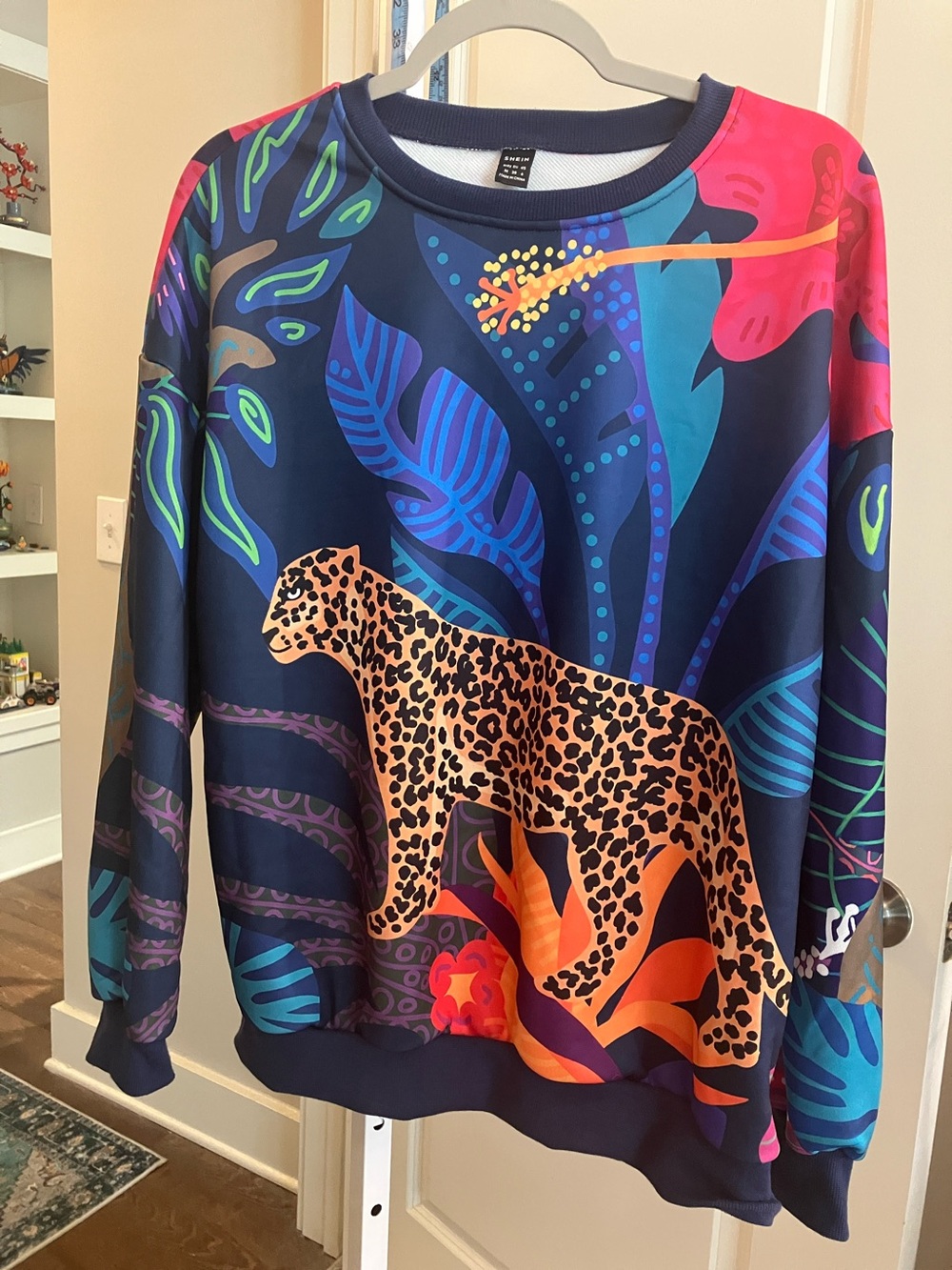 Navy Tropical Leopard Print Crewneck Sweater
